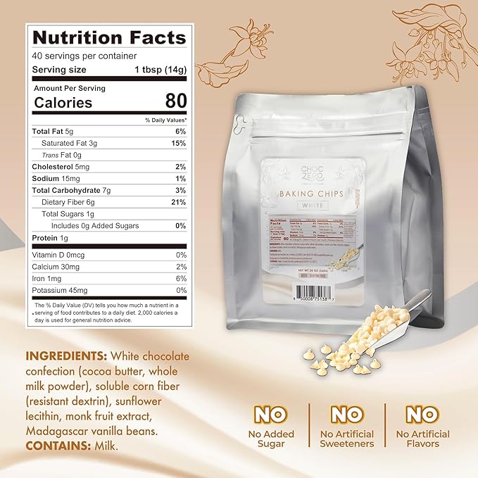 ChocZero White Chocolate Chips No Added Sugar Keto &amp Low Carb Gluten Free No Sugar Alcohols 20 oz Bag for Baking &amp Desserts