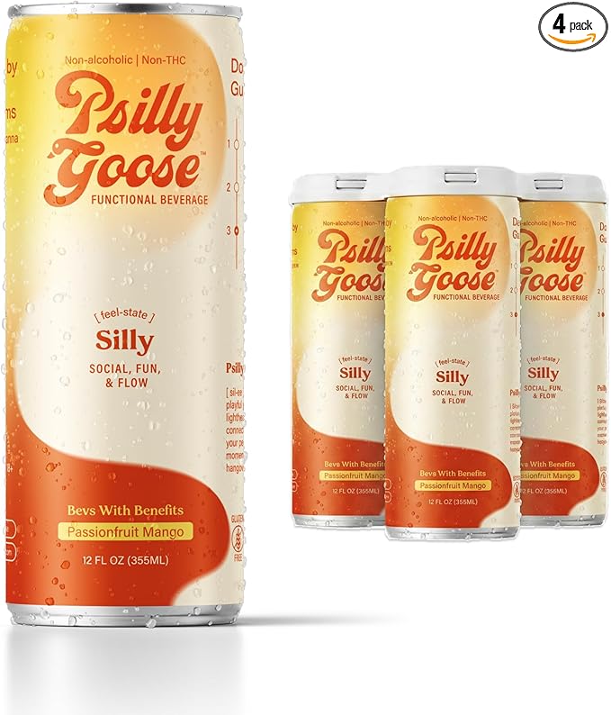 Non-Alcoholic Social Drink &amp Functional Beverage | Silly - Passionfruit Mango 12 FL OZ | Powered by Kanna &amp Lion's Mane | 4-Pack