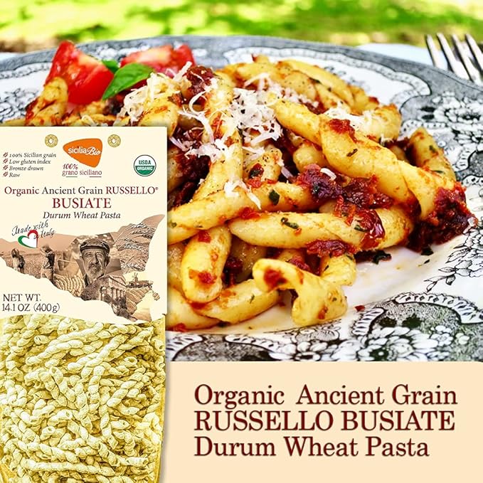 Tere e Tradizionni Organic Timilia/Tumminia Low-Gluten Index Semi-Whole Wheat Busiate Pasta - Ancient Grains Grown in Sicily Italy - Al Dente Texture - Non-GMO - Lower Carb - No Sugar Added - High in