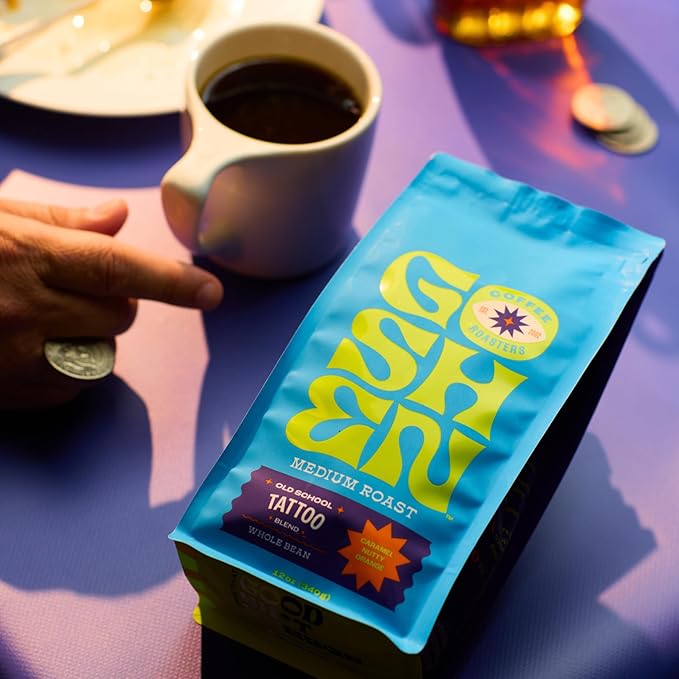 Goshen Coffee Roasters Whole Bean Old School Tattoo House Blend | Medium Roast Brewed or Espresso | Award-Winning Natural and Washed | Caramel Nutty Orange Flavors | 2 Lb Bag