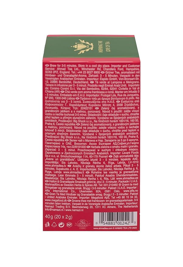 Ahmad Tea Foil-Enveloped Teabags Green Tea Raspberry &amp Pomegranate 20Count (Pack Of 6)