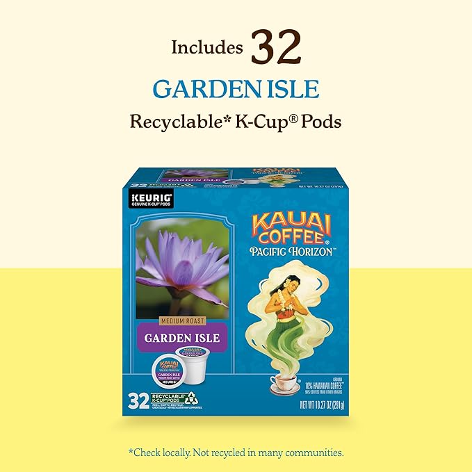 Kauai Coffee K-Cup Pods for Keurig Brewers – Arabica Coffee 10% Hawaiian – Medium Roast Bright Aroma With Light Floral Notes – Garden Isle 1 Pack of 32 Single Serve K-Cups