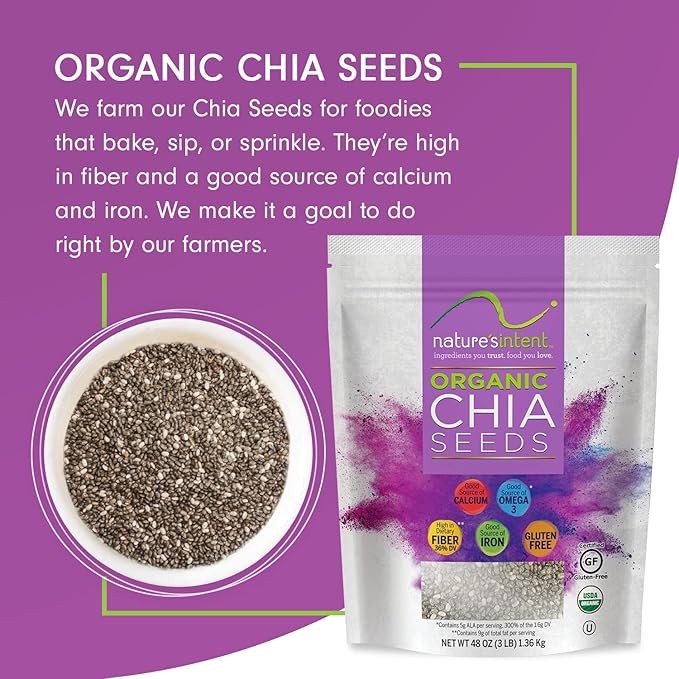Nature's Intent Organic Chia Seeds - 3lb Bag - USDA Organic Non-GMO Vegan Gluten-Free Kosher Keto &amp Paleo - Good Source of Calcium Omega 3 and Iron - for Salads Yogurt &amp Smoothies