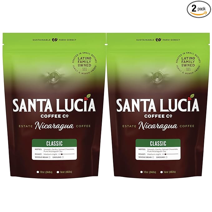Santa Lucia Coffee - Grand Reserve Classic Medium Roast Nicaraguan Coffee - Medium Roast - 91 Point Specialty Grade - Low Acididity - Bright &amp Smooth - Strong &amp Bold Flavor - Whole Bean - 16oz