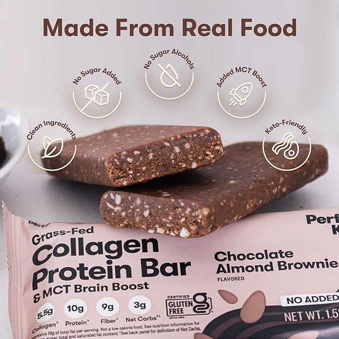 Perfect Keto Bars - The Cleanest Keto Snacks with Collagen and MCT. No Added Sugar Keto Diet Friendly - 3g Net Carbs 19g Fat 10g protein - Diet Food Dessert (Almond Butter Brownie 12 Bars)