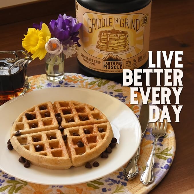 Earth Fed Muscle Griddle N' Grind Chocolate Chip Protein Pancake Mix &amp Waffle Mix – Protein Pancakes Gluten Free High Protein &amp Fiber Just Add Water – 2lbs 13 Servings
