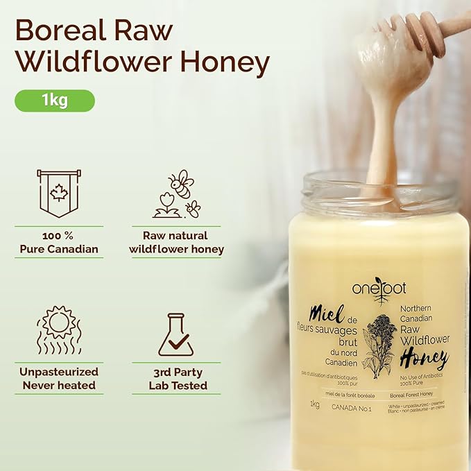 Oneroot 100% Canadian Wildflower Honey - 1kg / 2.2lbs Unheated &amp Creamed - Nutrient-Rich Natural Sweetener with Enzymes - Thick &amp Pure Raw Unfiltered Honey