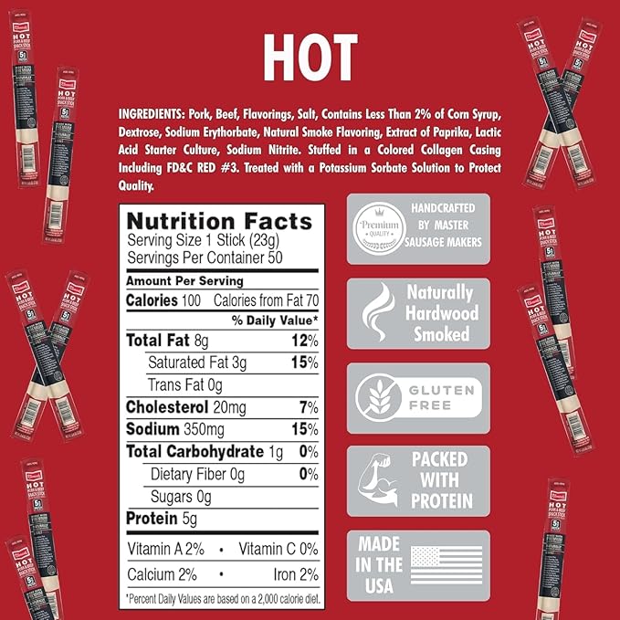 Jerky.com Hot Jerky Sticks - 26 Pack | Pork and Beef Jerky Sticks | High Protein Keto Friendly Low Carb Gluten Free No MSG | Individually Wrapped Jerky Gifts for Men