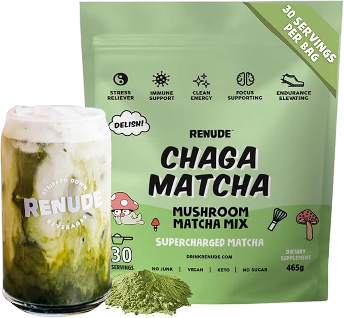 Renude Chaga Matcha - Chaga Mushroom Powder Ceremonial Grade Matcha Superfood Drink Mix with Adaptogens Keto Vegan Sugar Free Natural Energy and Immune Support - 30 Servings