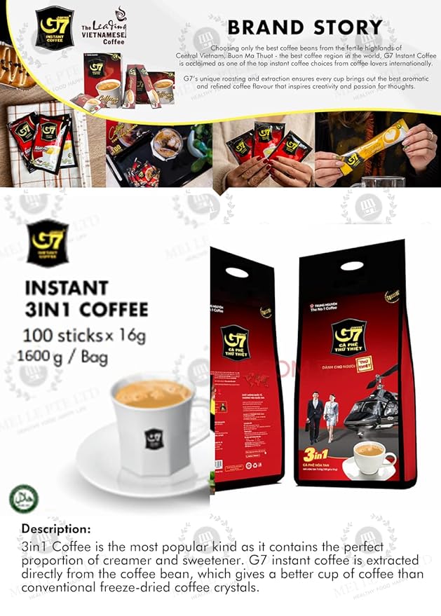 TRUNG NGUYEN G7 3-IN-1 Instant Coffee for Energy Boost by NANO+ Technology - Roasted Ground Coffee Blend with Non-dairy Creamer and Sugar - Strong and Pure Vietnamese Instant Coffee (100 Sticks/Bag)
