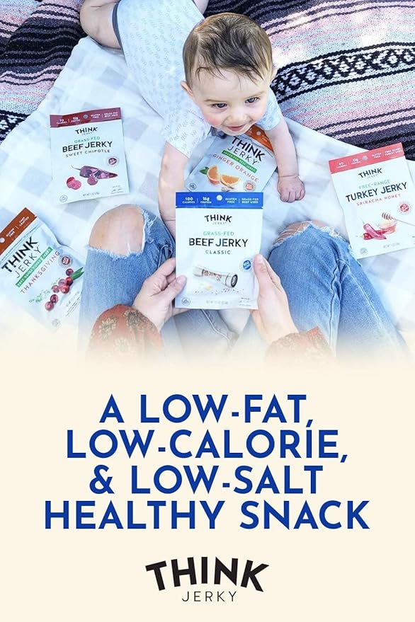 Think Jerky Classic Beef Jerky Grass-Fed High Protein Beef Jerky Gluten Free No Antibiotics or Nitrates Healthy Chef Crafted Recipe Low Calorie and Low Fat - 2.2 oz Bags 4 Pack
