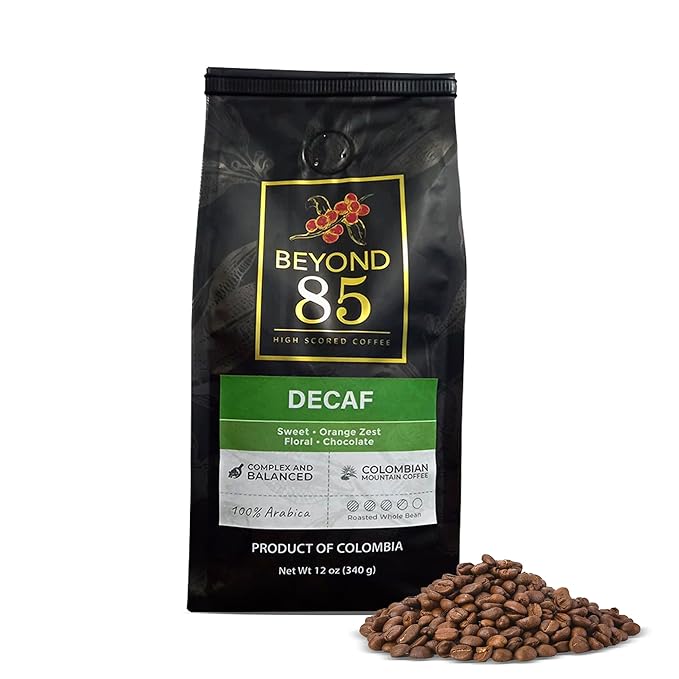 BEYOND 85 COFFEE Decaf Premium Colombian Coffee Caffeine Free Medium Roast Citrus &amp Floral Notes Whole Bean 12 OZ