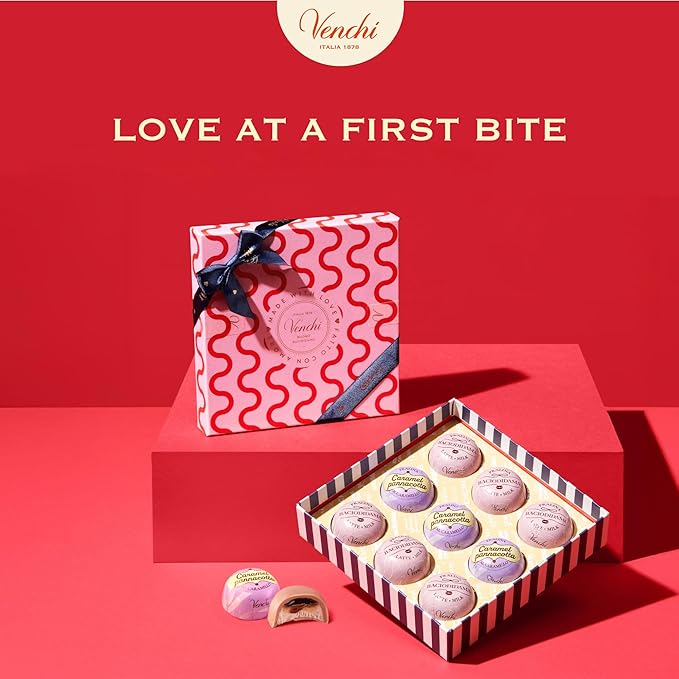 Venchi - Giftbox with 9 Milk Chocolate BacioDiDama and Caramel Pannacotta Pralines 5.5 Oz Gluten-Free No Artificial Colours and Preservatives Mother's Day Gift Idea