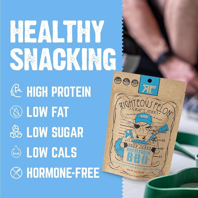 Righteous Felon Beef Jerky - Baby Blues BBQ - Gluten-Free Snacks - All-Natural Locally Sourced &amp Dried Beef Jerky - Low-Sugar High-Protein Healthy Snacks - 2 Ounces Each Pack of 3
