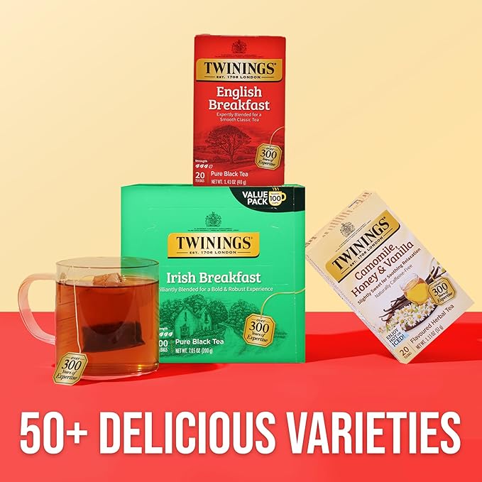 Twinings Irish Breakfast Black Tea Individually Wrapped Bags 100 Count (Pack of 1) Flavourful Bold and Robust Caffeinated Enjoy Hot or Iced 100 Teabags