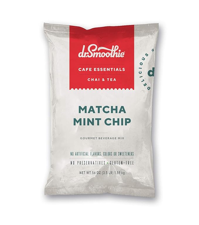 Dr. Smoothie Café Essentials Matcha Mint Chip – No Artificial Colors Flavors or Sweeteners – Shelf Stable – 23mg of Caffeine – Great for Hot Iced &amp Frozen Frappes (3.5 lb Bag 26 Servings)