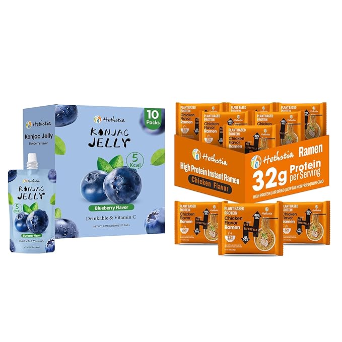 Hethstia High Protein Ramen Soup Chicken Flavor 6-Pack and Konjac Jelly Blueberry Flavor 10 Pouches Drinkable Jelly – Low Calorie Vegan Keto