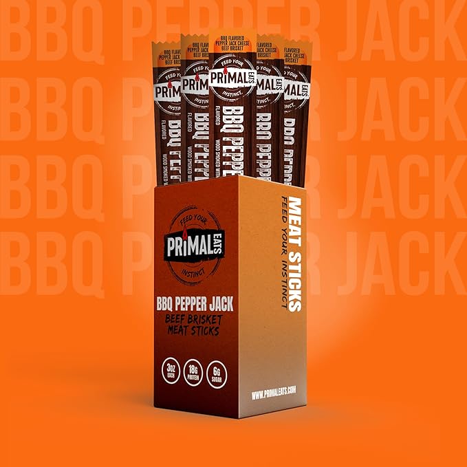 Primal Eats BBQ Pepper Jack Beef Brisket Meat Sticks 3oz 10-Pack - 18g Lean Meat Protein Keto Paleo Carnivore Gluten Free Beef Jerky Snack Stick