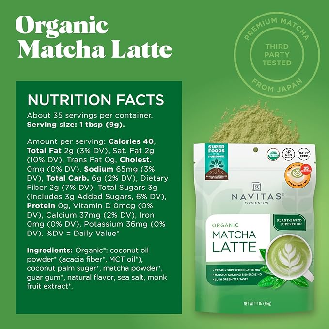 Navitas Organics Instant Matcha Latte Mix – Simple &amp Convenient Blend For Sweet &amp Creamy Latte – Mix With Water – Dairy Free &amp Low Sugar – USDA Organic Non GMO Gluten Free (11.1oz. Bag