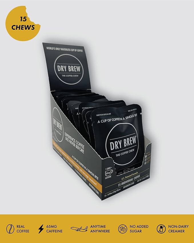 Dry Brew Coffee in a Bite Chewy Ready to Eat 65mg Caffeine each Non-dairy Creamer - 15 Bites