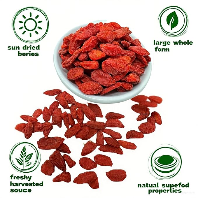 DABC OAK LAND Goji Berries 3LB Wolfberry Premium Large Berry Form5A Wolfberry 100% Natural Sun-Dried Whole Fruit Sulfate &amp Additive Free Great Flavor for SoupDrinks Snacks Beverages 3LB/Bag