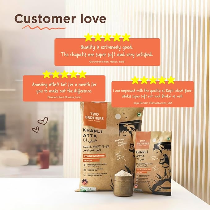 Two Brothers Organic Farms - Khapli Wheat Flour (2kg) | Low-Gluten Wheat Flour | High Dietary Fiber for Easy Digestion | Stoneground Emmer | Khapli Atta | Organic Atta (Pack of 1 kg x 2)