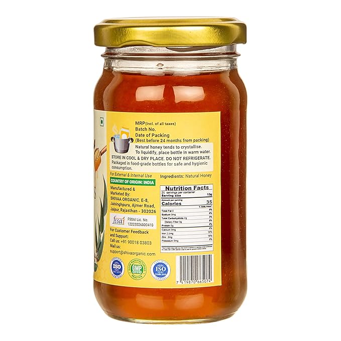 Shiva Organic's Eucalyptus Nectar Honey - NMR Tested Natural Honey No Added Sugar Flavorful - 250g (8.81 Ounce)