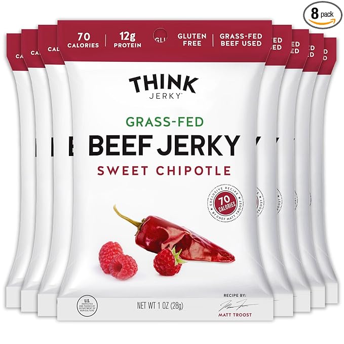 Think Jerky Sweet Chipotle Beef Jerky Grass-Fed High Protein Beef Gluten Free No Antibiotics or Nitrates Healthy Chef Crafted Recipe Low Calorie and Low Fat - 1.0 oz Bags 8 Pack