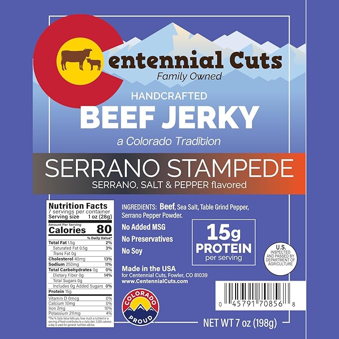 Centennial Cuts Beef Jerky – Serrano Stampede – High Protein Zero Sugar Zero Carbs Spicy Serrano Pepper Sea Salt and Black Pepper – 7 oz Snack