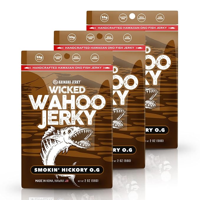 Smokin' Hickory O.G. Wahoo Ono Fish Jerky - Smoky Umami Flavor - Artisan Crafted Organic Omega-3 Rich Low-Calorie Low-Sodium &amp Low-Sugar 2oz (Pack of 3)