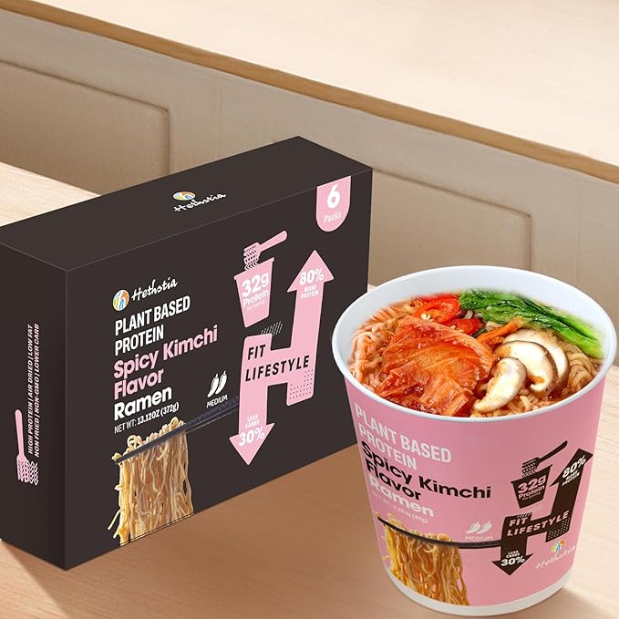 Hethstia Protein Ramen Spicy Kimchi Flavor 6-Pack Instant Healthy Noodle Soup Cups 32g Plant Protein Vegan Pre-Packaged Ramen Meal Low Fat Non-GMO Non-Fried Air-Dried Healthy Noodle Broth