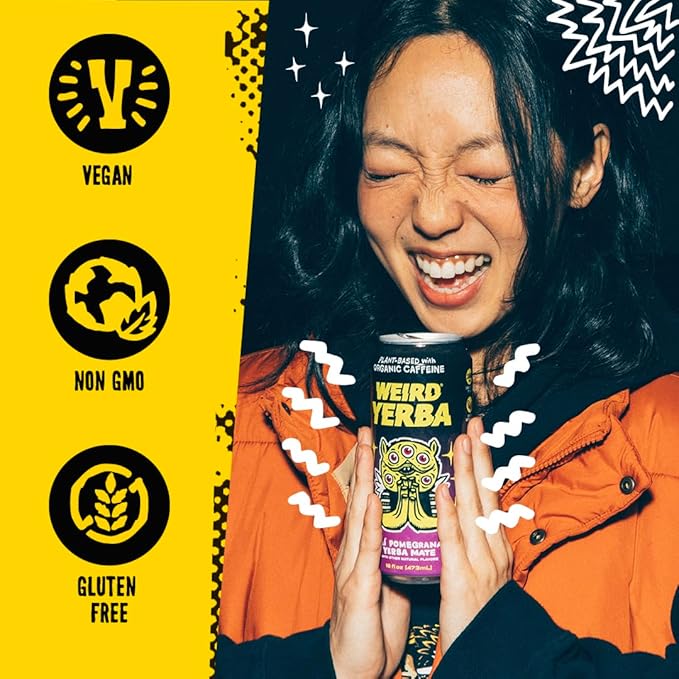 Drink Weird Organic Acai Pomegranate Yerba Mate – 16oz Cans 160mg Organic Caffeine Pack of 12 – Antioxidant-Rich Energy Drink Alternative