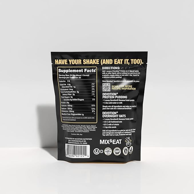 Devotion Nutrition Protein Powder Bananas Foster – 20g Whey Isolate &amp Casein Protein Blend – No Added Sugar Low Carb Gluten-Free Keto-Friendly 1g MCT Kosher – 2lb Pouch