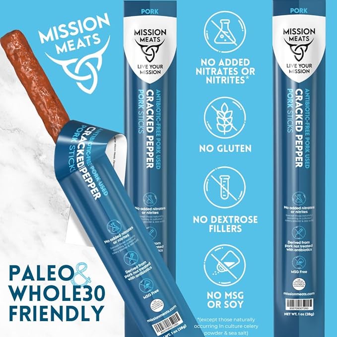 Mission Meats Pork Meat Sticks – Antibiotic Free Sugar Free Individually Wrapped AIP Friendly Delicious Healthy Snacks Paleo Whole 30 Cracked Pepper 1oz (24ct)