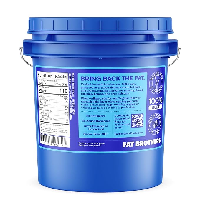 Fat Brothers Original Grass-Fed Beef Tallow USA Made and Sourced 100% Suet 7.2 Lbs Pail (1 Gallon) No Added Hormones or Antibiotics For Cooking Frying Baking Skincare &amp More