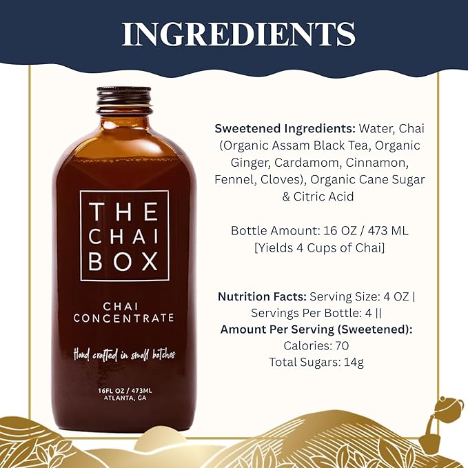 The Chai Box Sweetened Chai Tea Concentrate - Vegan Gluten Free Chai Concentrate | 16 Ounce (Pack of 2) | Hot or Iced Black Tea Concentrate Small Batch with Whole Premium Spices