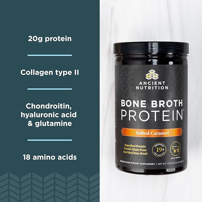 Ancient Nutrition Beef Bone Broth Protein Powder Salted Caramel 20 Servings + Bone Broth Protein Powder Vanilla 20 Servings