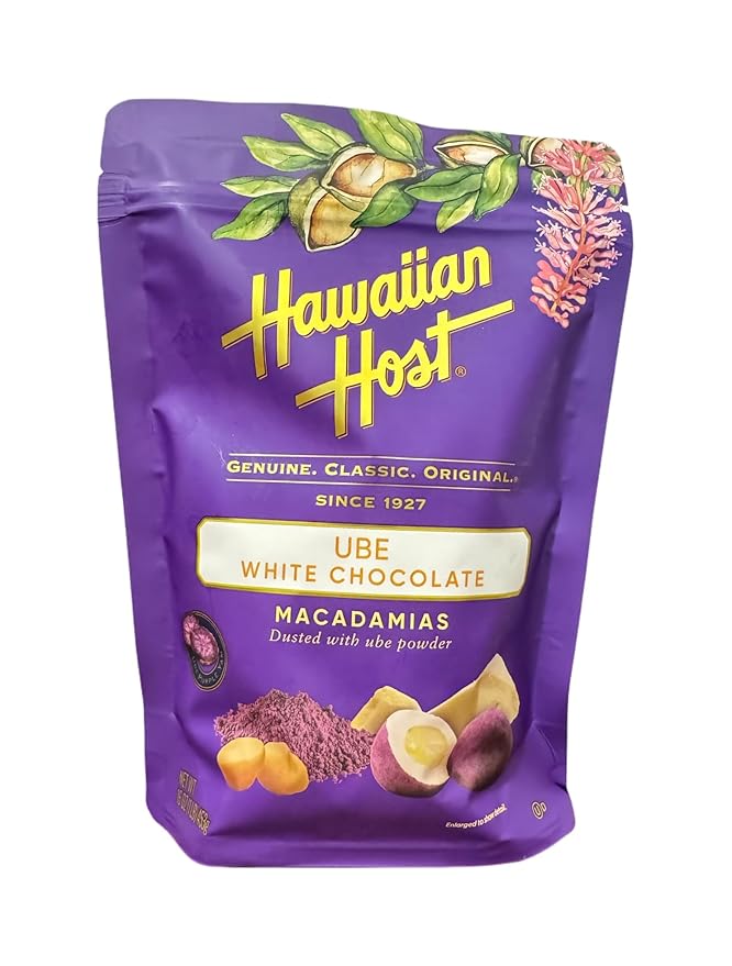 Hawaiian Host Ube White Chocolate Macadamia Nuts Creamy White Chocolate with Ube Powder Premium Hawaiian Candy Resealable 16 oz Bag