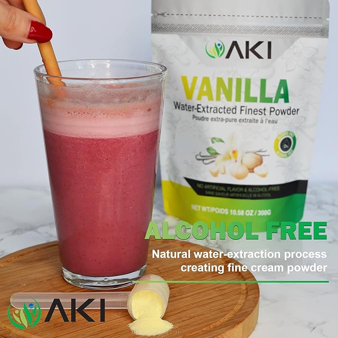 AKI Vanilla Extract Powder from Authentic Beans for Delicious Flavoring Cooking Baking Drinks Tea Coffee Smoothies Cocktails - Sugar-Free &amp Alcohol-Free (10.58OZ/300g)