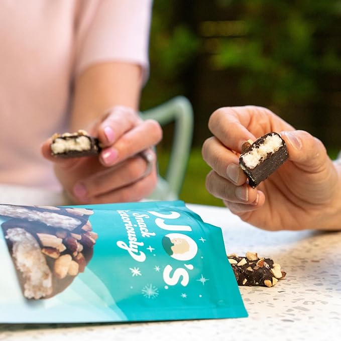 JOJO's Dark Chocolate Coconut Filled Bites with Almonds 3.6oz (4 count) Gluten-Free Non-GMO Vegan Lactose Free More Protein Less Sugar