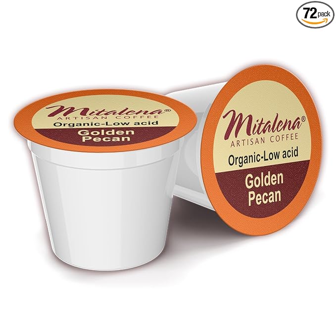 Mitalena Artisan Coffee: Golden Pecan Low Acid Coffee Pods - Medium Roast Organic Vanilla Pecan Flavored - 72 Brew Cups
