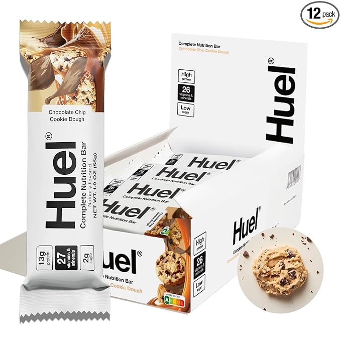Huel Complete Nutrition Vegan Protein Bars | Cookie Dough | 13g Protein | 27 Vitamins &amp Minerals 2g Sugar Non-GMO 100% Plant Based Snack | 12 Pack