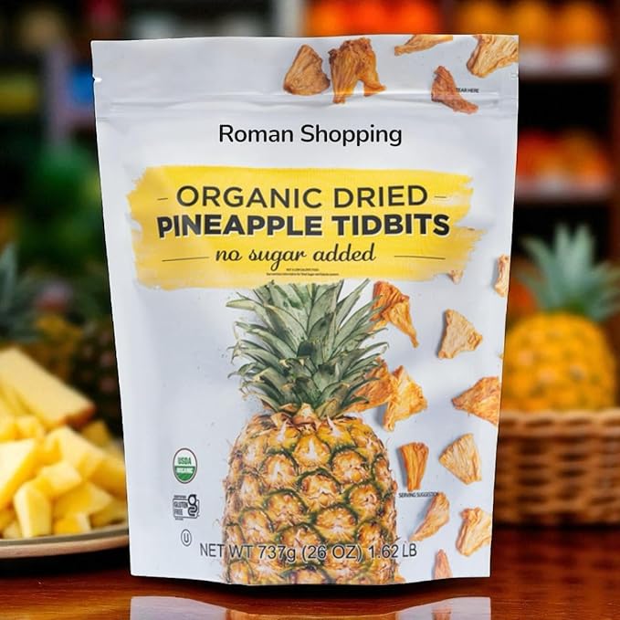 Kirkland Organic Dried Pineapple Tidbits – 26 oz Resealable Bag USDA Organic No Sugar Added Gluten Free Kosher Certified Single Ingredient No Preservatives Healthy Snack