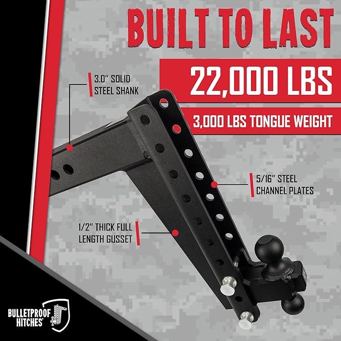 BulletProof Hitches - 3.0 Adjustable Heavy Duty Trailer Hitch (22000 lb. Rating) - 14 Drop/Rise Trailer Hitch with 2 &amp 2-5/16 Dual Ball - Powder Coat Solid Steel Corrosion-Resistant