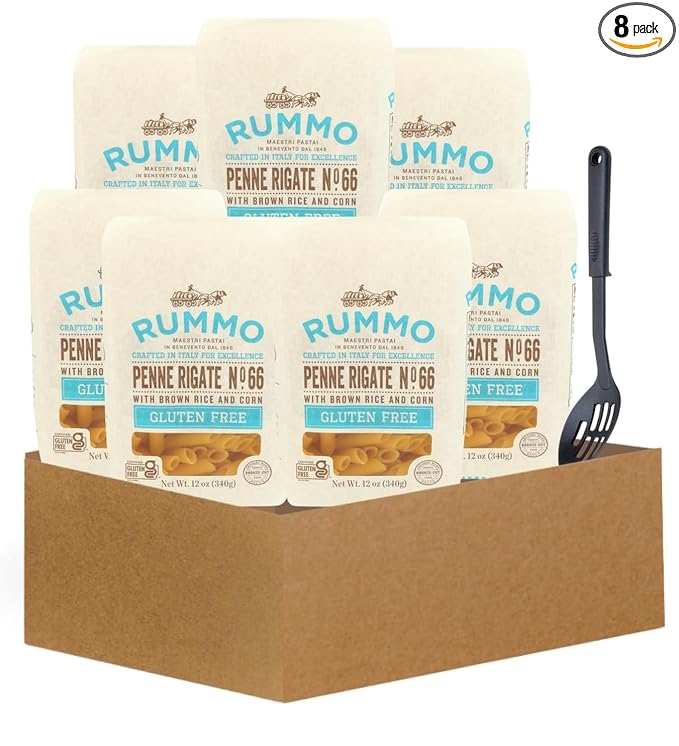 Penne Pasta – 7x Pasta Penne Rigate 12oz Bundle with 1x Slotted Spoon – Gluten Italian-pasta with sauce-holding texture and non-stick safe utensil – Gift Set (8 Items)
