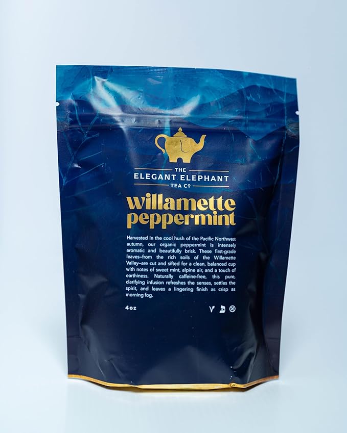 Willamette Peppermint Tea Organic Loose Leaf Mint Herbal Tea – Soothing Caffeine-Free – Refreshing Hot or Iced – 4 oz Resealable Bag (Makes 50 Cups) – The Elegant Elephant
