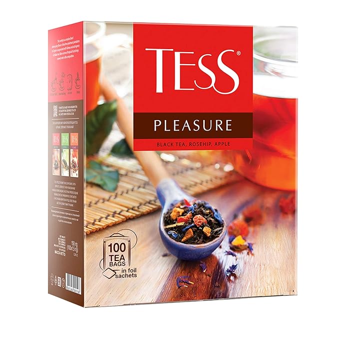 Tess Pleasure Black Tea Lemon Sorghum Apple Pieces Cornflower Petals Rose Hips 100 Pcs