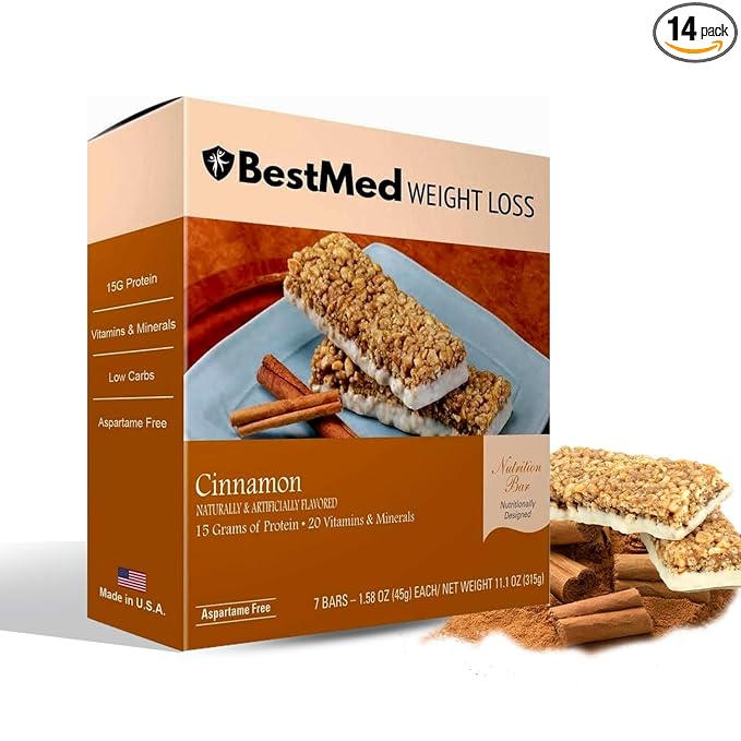 BestMed - High Protein Nutrition Bar - Low-Carb 15g Protein Low Sugar Low Calorie Meal Replacement Bar (Cinnamon 2 Box - 14 Count)