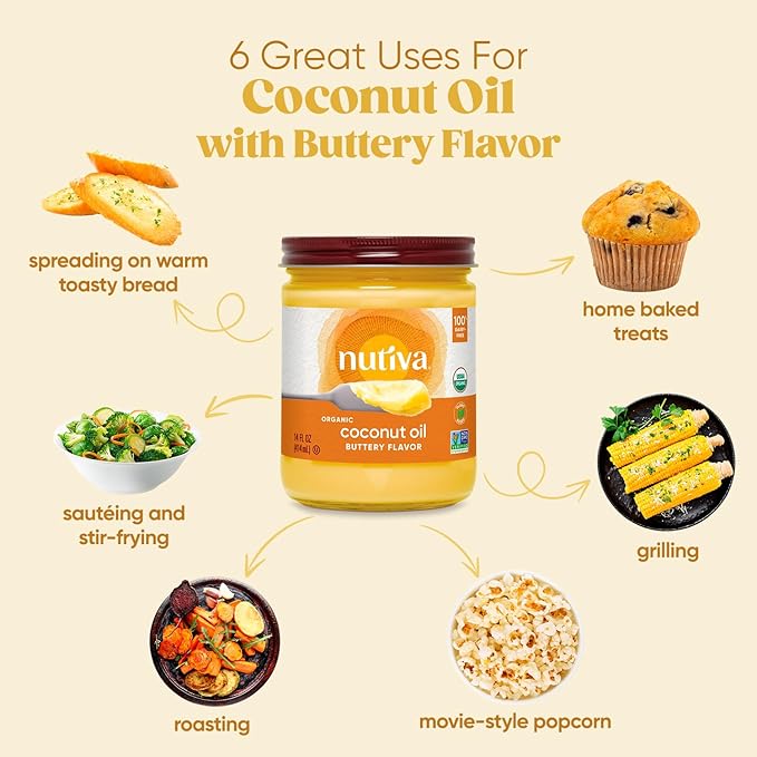 Nutiva Coconut Oil for Cooking and Baking - Butter Flavor Perfect for Making Movie Theater Popcorn Baked Goods Bread - Non-Dairy Alternative for Keto Vegan and Paleo Diets - 29floz