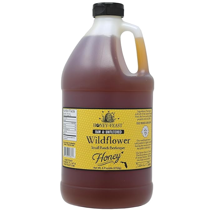 HONEY FEAST 6 Pounds (1/2 Gallon) Bulk Wildflower Honey All Natural Unfiltered Unheated Honey Perfect for Sweetening &amp Baking